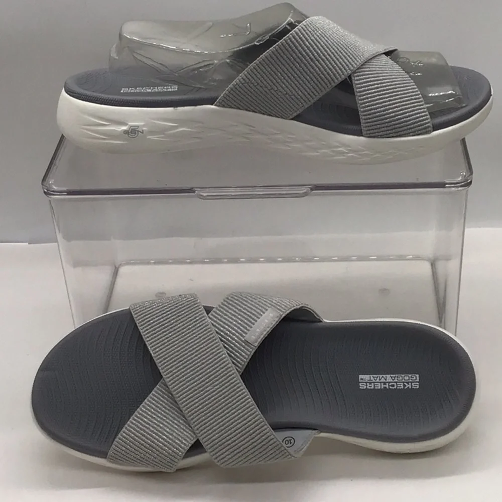 Skechers Goga Mat Gray Stretch Criss Cross Slide On Sandal - Picture 3 of 9